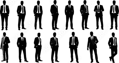 collection of businessmen in various poses wearing suits and ties