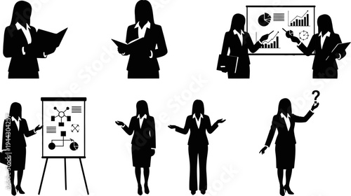 set of businesswomen in various poses with graphs and charts on white background