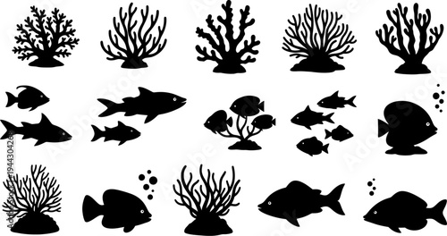 black silhouettes of coral reef and fish on white background