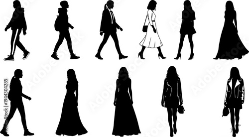Collection of people walking and standing silhouettes in various poses and outfits on white background