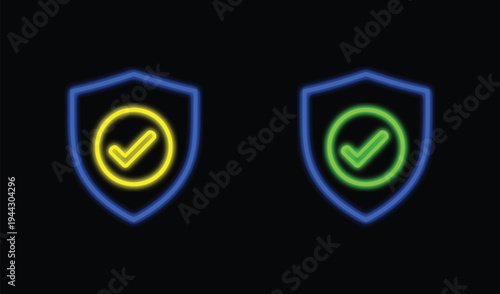 Glowing shield icons with checkmarks security and verification symbols