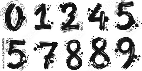 Hand drawn grunge numbers with ink splatters on white background