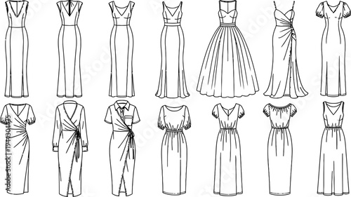 Collection of various elegant dress designs and styles for fashion illustration  womens clothing and formal wear