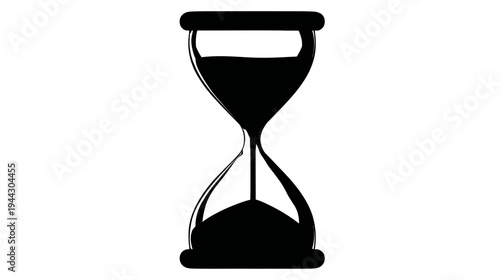 Black silhouette of an hourglass, with sand in the top, on a white background
