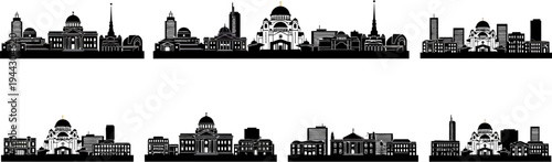 City skylines with various buildings and domes in black silhouette on white background