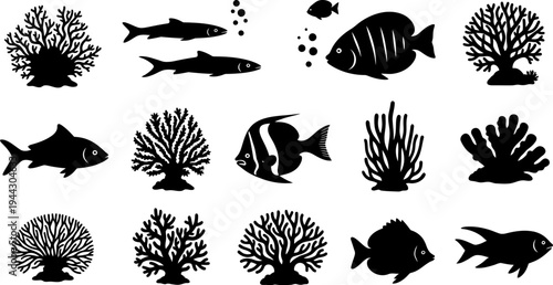 black silhouette icons of various fish and coral reefs on white background