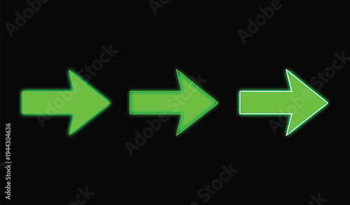 Glowing green arrows on black background shining directional symbols
