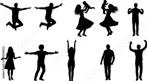 Collection of black silhouettes of people in various poses on white background