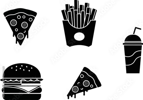 black and white fast food icons including pizza burger fries and soda