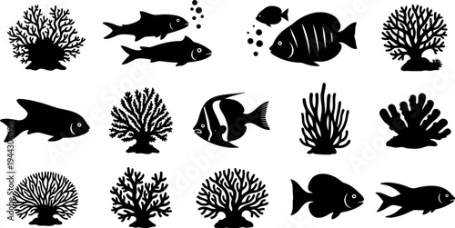 Black silhouettes of various fish and coral reefs on white background