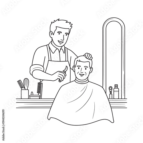 A barber shaving a customer in a barbershop on white background.