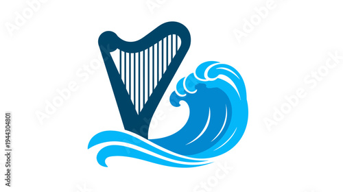 A stylized image features a musical instrument and an ocean wave with white background