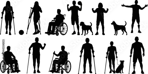 Silhouettes of people with disabilities and their service animals in various poses and activities