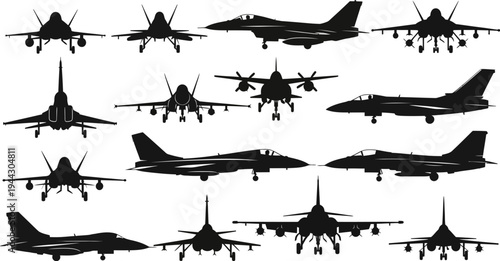 Collection of various military fighter jet aircraft silhouettes on white background