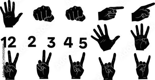 black silhouettes of hands and numbers for sign language alphabet isolated on white background