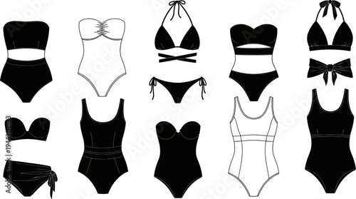 Collection of various swimsuits and bikinis for women in black and white