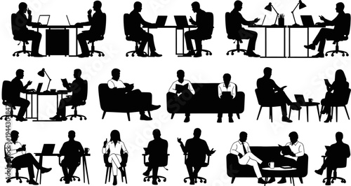 Silhouette illustrations of people working on laptops in various office settings and poses