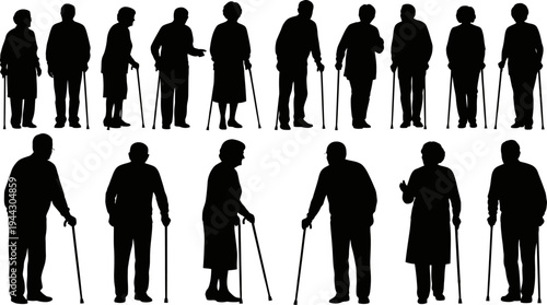 Silhouettes of elderly people with walking sticks in various poses on white background