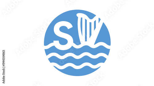 A logo design a white letter "S" next to a harp, with waves inside a blue circle