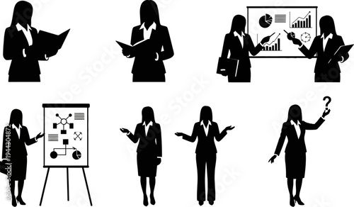 Businesswoman silhouettes presenting data and information in various professional poses