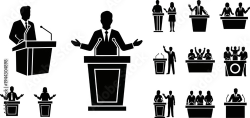 Silhouette icons of business people giving presentations and speeches from podiums and lecterns in various gestures
