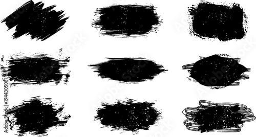 set of nine black brush strokes on white background for design elements