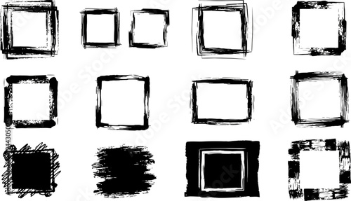 Collection of black brush stroke square frames on white background for photo or text