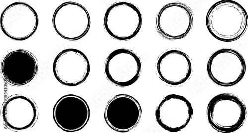 Collection of grungy circle frames and solid round shapes in black and white for design elements