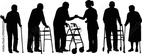 Silhouettes of elderly people with walkers and canes interacting with a caregiver  various mobility aids