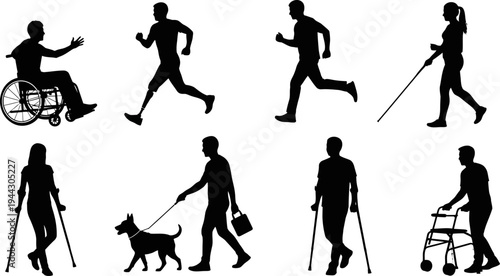 collection of black silhouettes of people with disabilities and normal people running walking and using assistive devices on white background