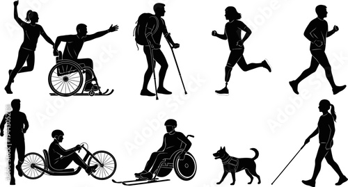 Silhouettes of people with and without disabilities engaging in various sports and activities