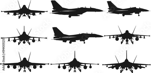 set of military fighter jet aircraft silhouettes in various perspectives and positions