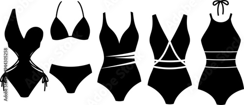 Collection of various womens swimsuits and bikini silhouettes for fashion and design