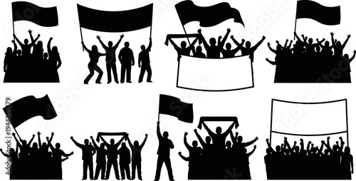 black silhouettes of people waving flags and banners in various poses and celebrations on white background