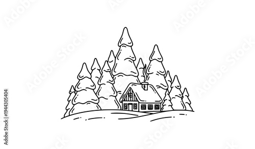 Winter landscape with snowy pine trees and cozy house in black and white line art vector illustration