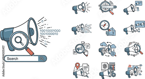 Megaphone search icons and related concepts in a flat design style Keywords: megaphone, search