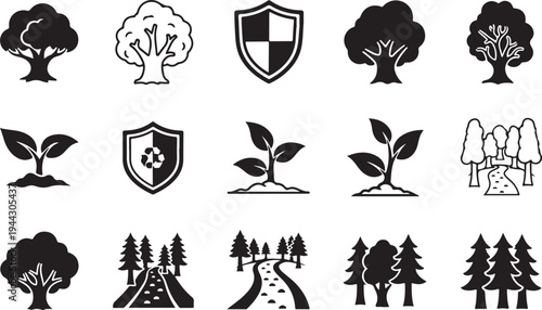 Black and white forest conservation icons and symbols set