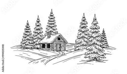Black and white winter countryside vector with snow covered trees and rustic cabin line art illustration