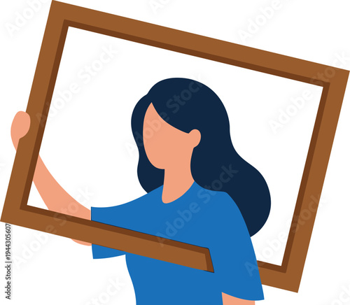 Woman with dark hair peers through tilted empty brown picture frame mockup.