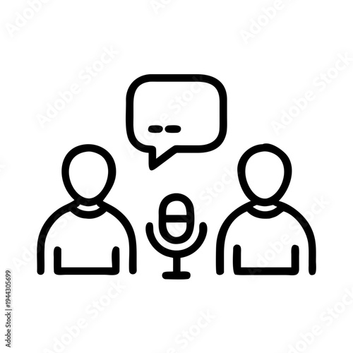 Two people speaking with a microphone between them in a conversation isolated on white background, Vector