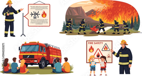 Vector Illustration Set of Firefighters in Action, Fire Truck, and Fire Safety Education for Children and Community