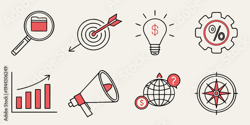 Icons representing various aspects of business and marketing strategies and concepts