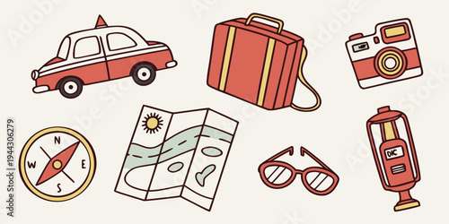 Illustration of various travel items including a car, suitcase, passport, and more.