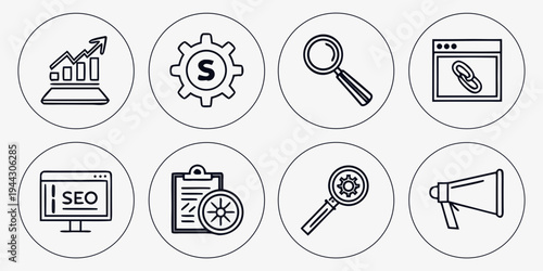 Set of nine icons representing various business and research concepts
