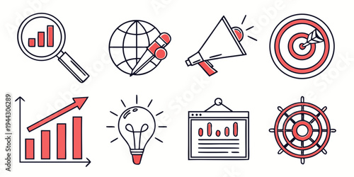 A collection of icons representing business, marketing, and analytics concepts