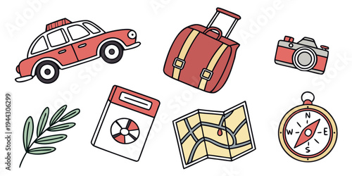 A vibrant scene featuring a red car, a purple suitcase, green leaves, and a red map.