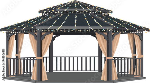 Vector Illustration of a Wooden Gazebo with String Lights and Curtains for Outdoor Garden and Event Decor