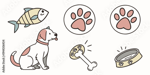 A playful dog with a bone, surrounded by fish and paw prints.