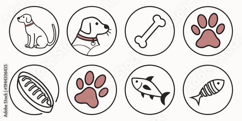 A collection of nine icons representing various aspects of pet care and grooming