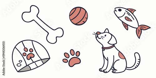 A playful cat surrounded by various toys and a bone on a white background